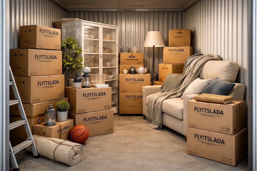 Flyttlådor och möbler står ordnat i ett magasin under flytt, med möbler skyddade och kartonger staplade.